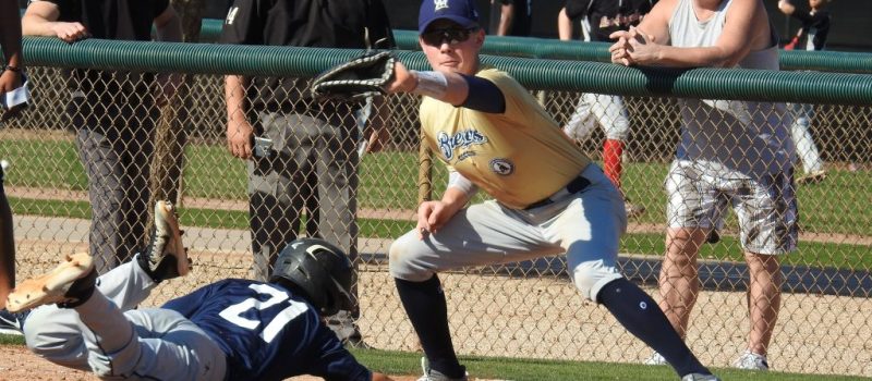 Gage Brebant of the Fort McMurray Oil Giants at first base